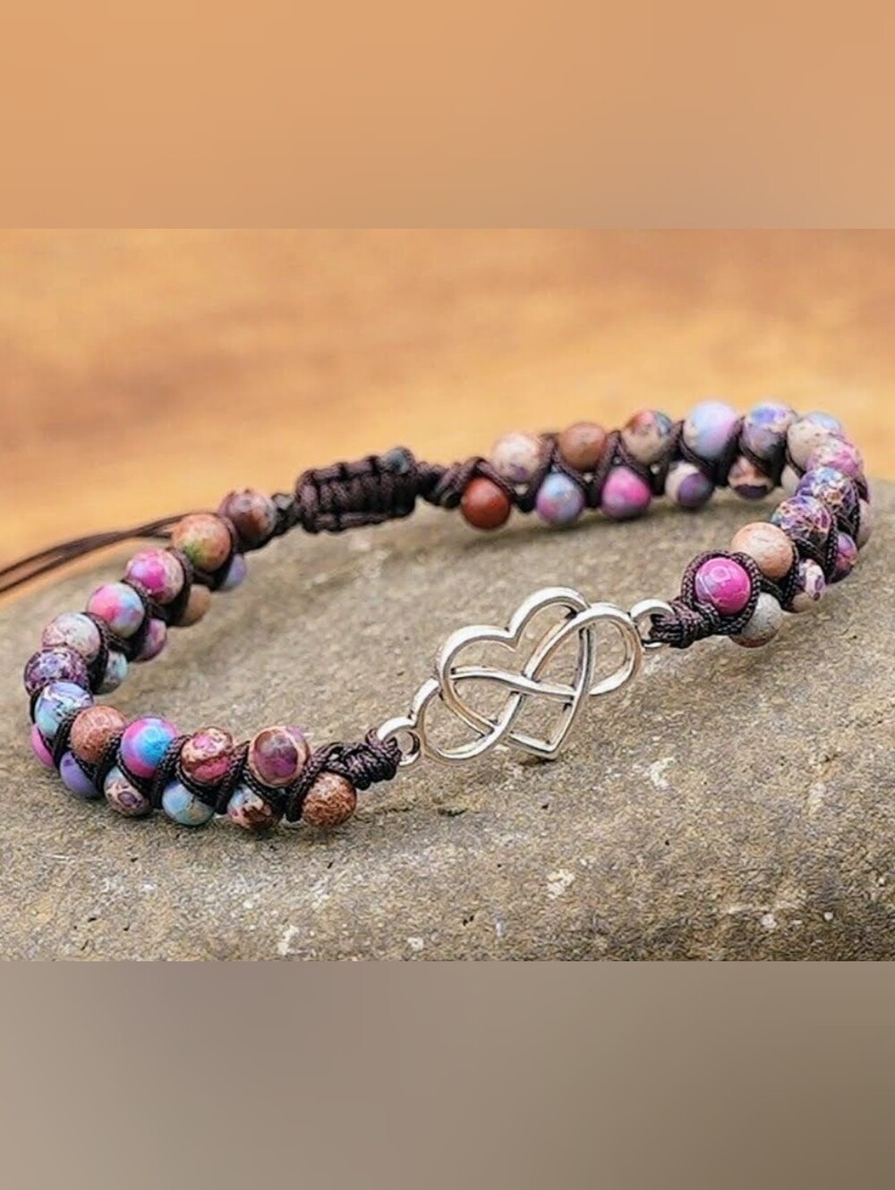 NWOT Beaded Infinity Heart Bracelet - Pink Brown Beads.